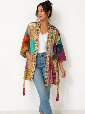 Sari designs lightweight Patchwork Open-Front Kimono Cardigan M